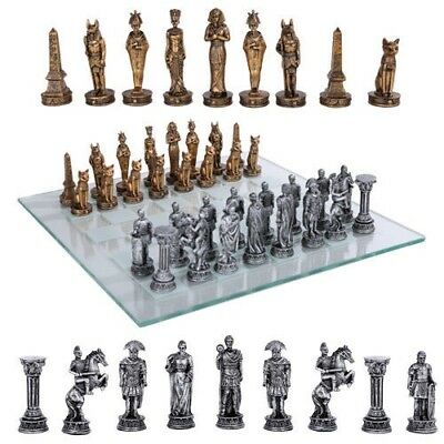 Ebros Kingdoms At War Egyptian VS Roman Army Resin Chess Pieces With Glass Board Set