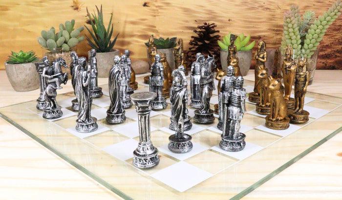 Ebros Kingdoms At War Egyptian VS Roman Army Resin Chess Pieces With Glass Board Set