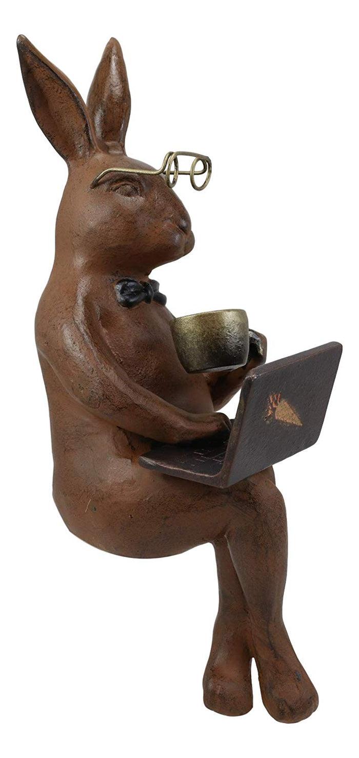 Ebros Large 14" Tall Aluminum Metal Whimsical Rabbit With Carrot Laptop On Coffee Break Garden Ledge Shelf Table Edge Sitter Statue Bunny Rabbits Rustic Cottage Lawn Pool Patio Decorative Figurine
