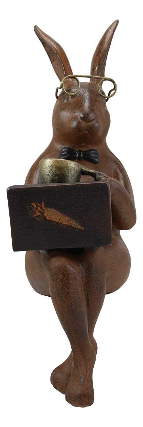 Ebros Large 14" Tall Aluminum Metal Whimsical Rabbit With Carrot Laptop On Coffee Break Garden Ledge Shelf Table Edge Sitter Statue Bunny Rabbits Rustic Cottage Lawn Pool Patio Decorative Figurine