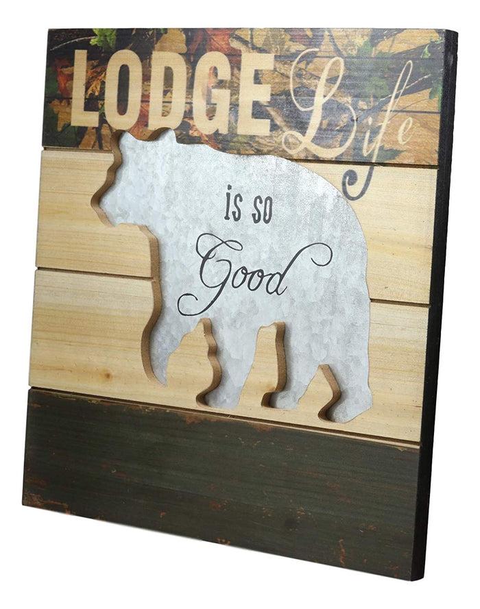 Ebros Large 15.75" Wide Rustic Cabin 'Lodge Life Is So Good' Hand Painted Wooden Sign With Grizzly Bear Silhouette Hanging Wall Mounted Decor Plaque Western Country