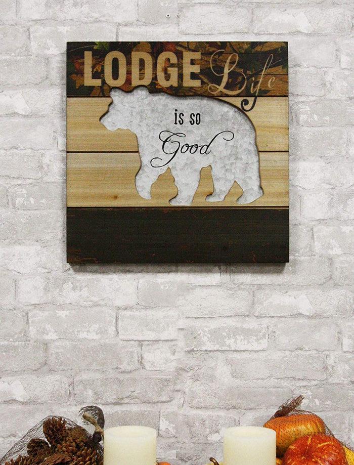 Ebros Large 15.75" Wide Rustic Cabin 'Lodge Life Is So Good' Hand Painted Wooden Sign With Grizzly Bear Silhouette Hanging Wall Mounted Decor Plaque Western Country