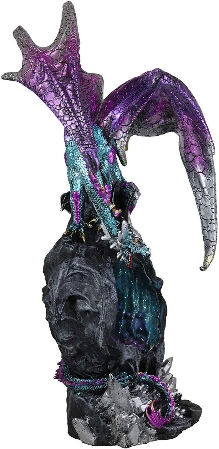Ebros Large 20" Tall Deep Space Purple Dragon Guarding Teardrop Crystal In Geode Rock Cave Statue With LED Light Medieval Dungeons And Dragons Fantasy Decor Figurine
