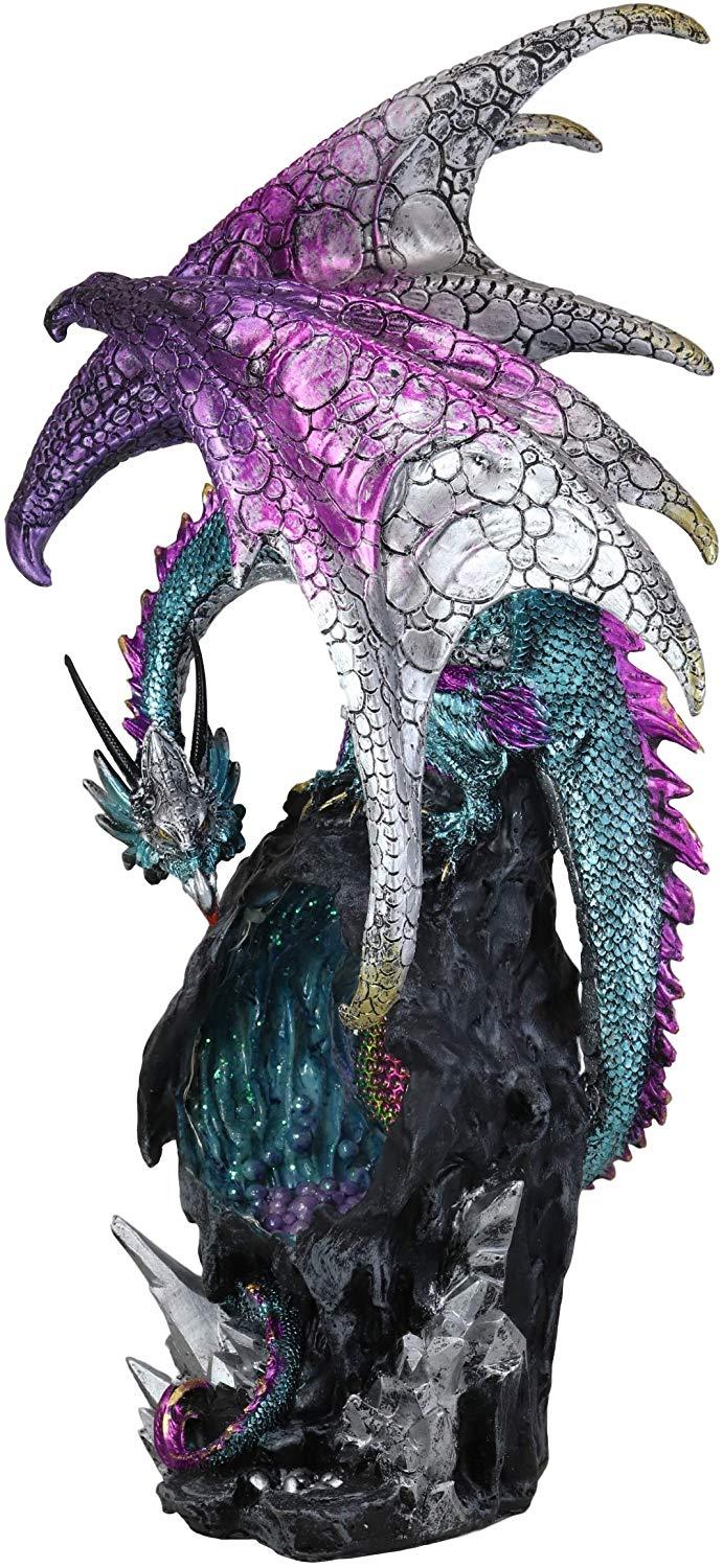 Ebros Large 20" Tall Deep Space Purple Dragon Guarding Teardrop Crystal In Geode Rock Cave Statue With LED Light Medieval Dungeons And Dragons Fantasy Decor Figurine