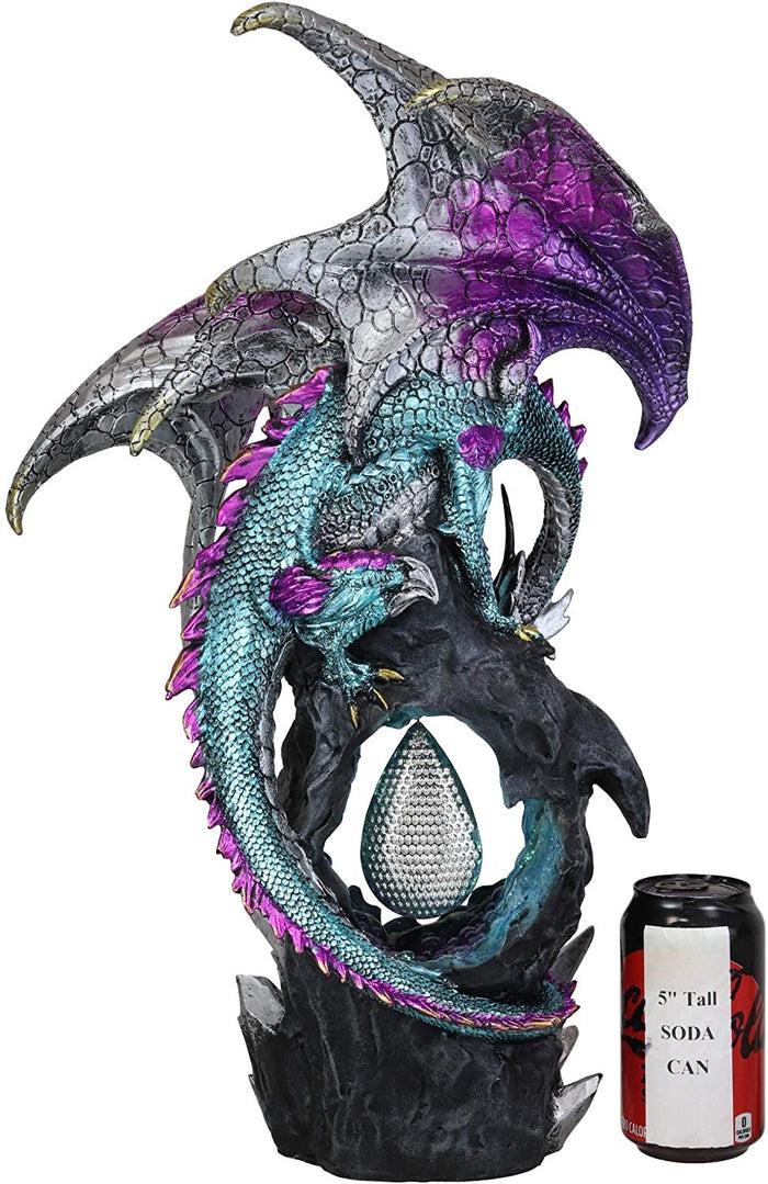 Ebros Large 20" Tall Deep Space Purple Dragon Guarding Teardrop Crystal In Geode Rock Cave Statue With LED Light Medieval Dungeons And Dragons Fantasy Decor Figurine