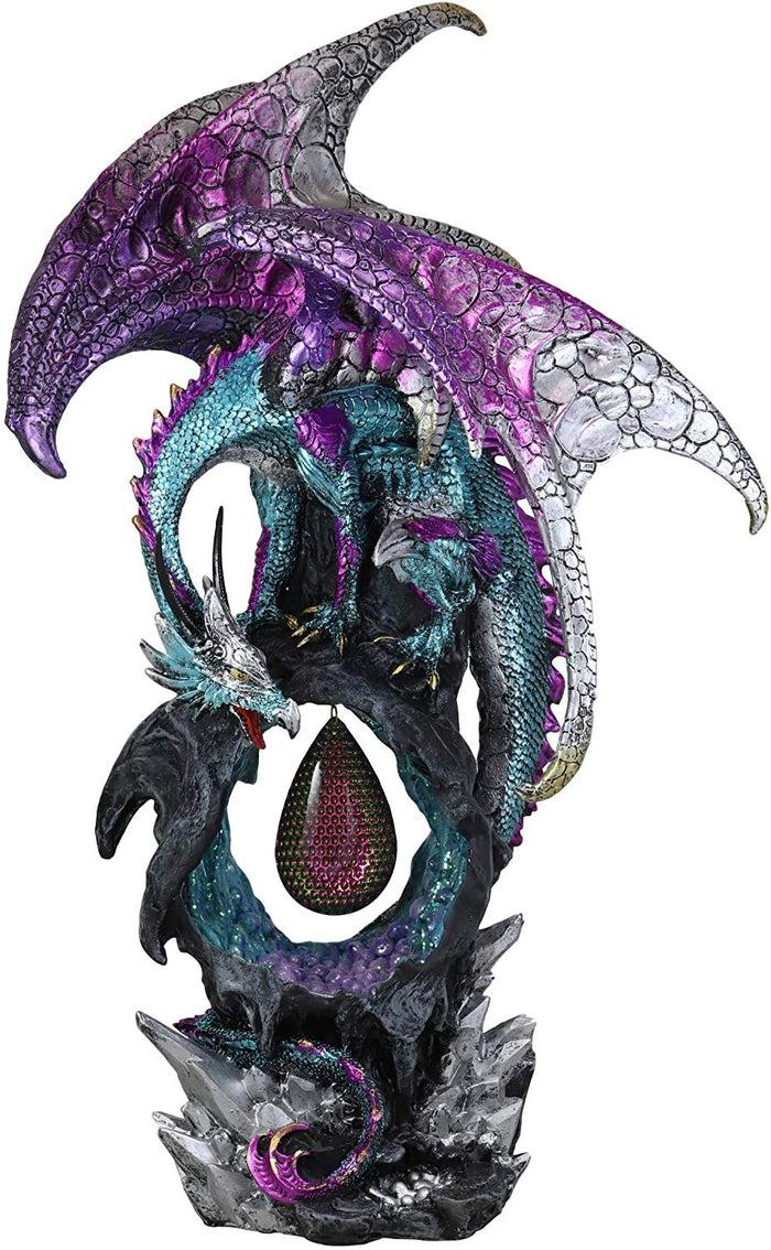 Ebros Large 20" Tall Deep Space Purple Dragon Guarding Teardrop Crystal in Geode Rock Cave Statue with LED Light Medieval Dungeons and Dragons Fantasy Decor Figurine