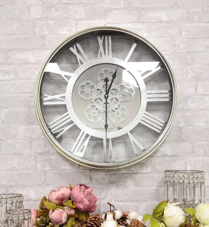 Ebros Large 21.25" W Contemporary Modern Transitional Design Steampunk Wall Clock With Complex Mechanical Moving Gears Mirror Face Roman Numerals Accent Clockwork Gearwork Decor