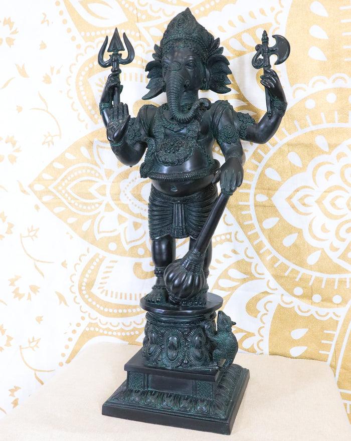 Ebros Large 21" Tall Bali Ganesha With Dhoti In War Armor On Pillar With Rat Statue