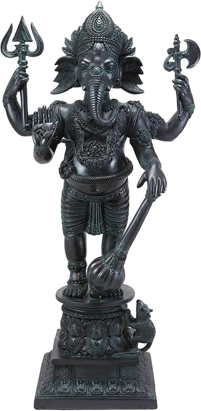Ebros Large 21" Tall Bali Ganesha With Dhoti In War Armor On Pillar With Rat Statue