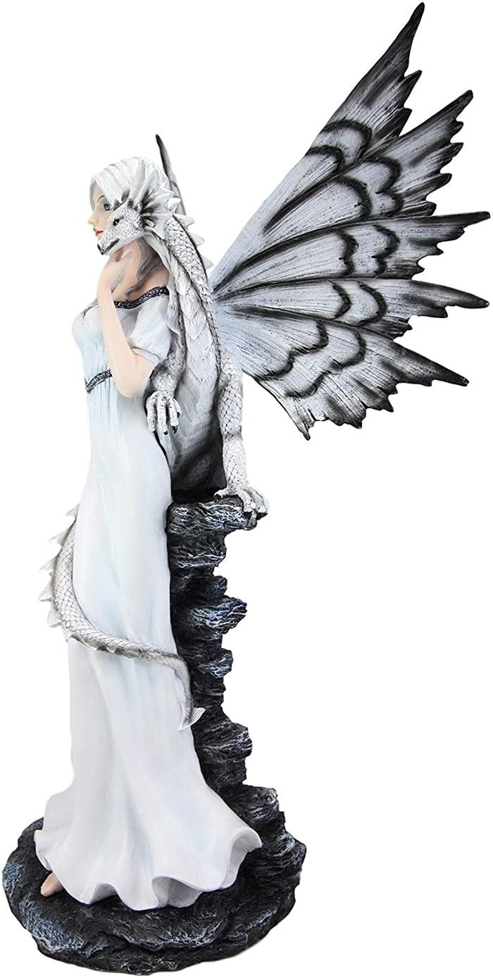 Ebros Large 21" Tall Winter Fairy With Baby Dragon Wyrmling Statue Fantasy Decor