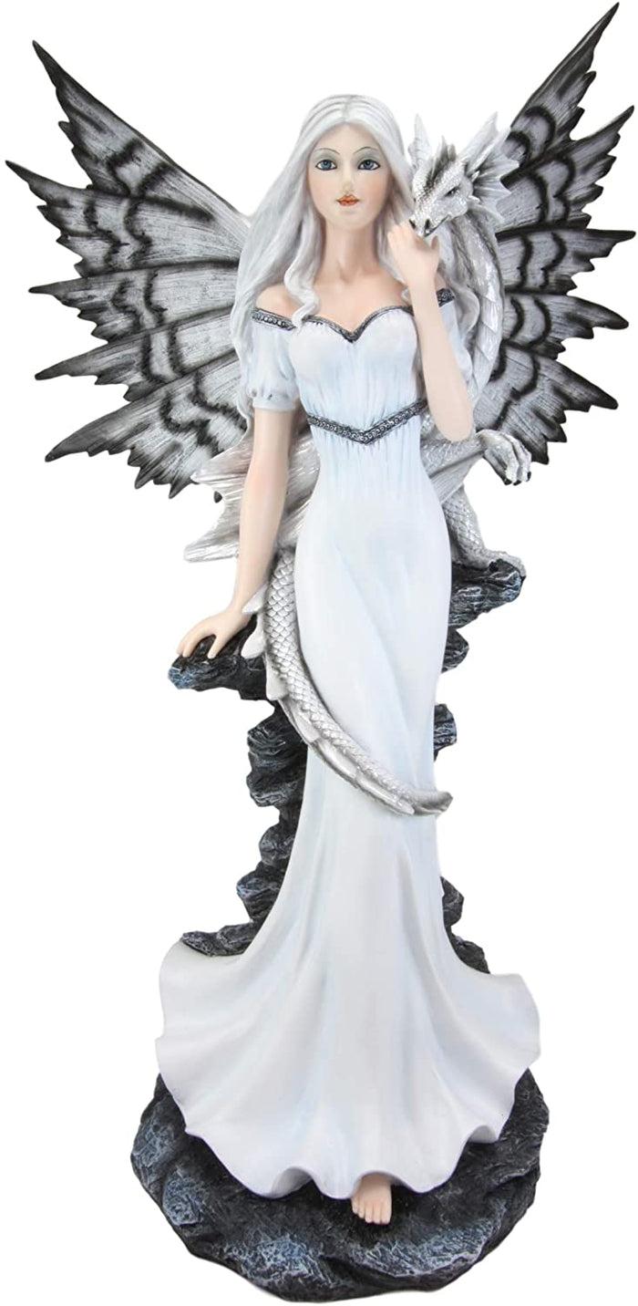 Ebros Large 21" Tall Winter Fairy With Baby Dragon Wyrmling Statue Fantasy Decor