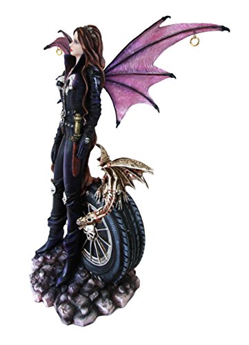 Ebros Large 22" Tall Goth Rocker Biker Skull Fairy With Pet Dragon Statue