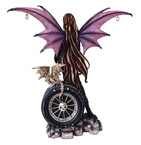 Ebros Large 22" Tall Goth Rocker Biker Skull Fairy With Pet Dragon Statue