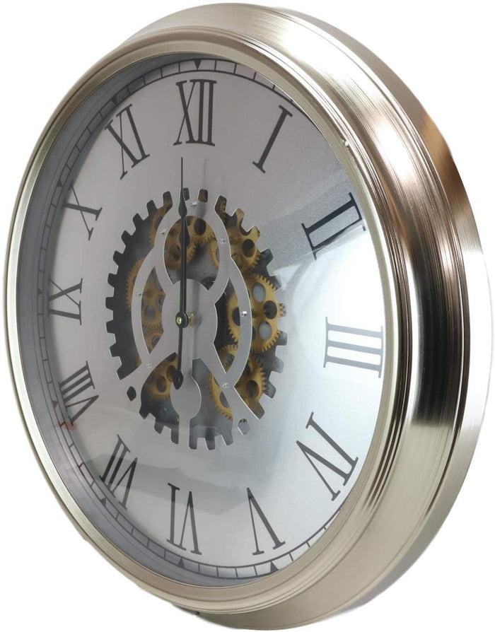 Ebros Large 25" W Contemporary Silver Trim Steampunk Wall Clock With Moving Gear