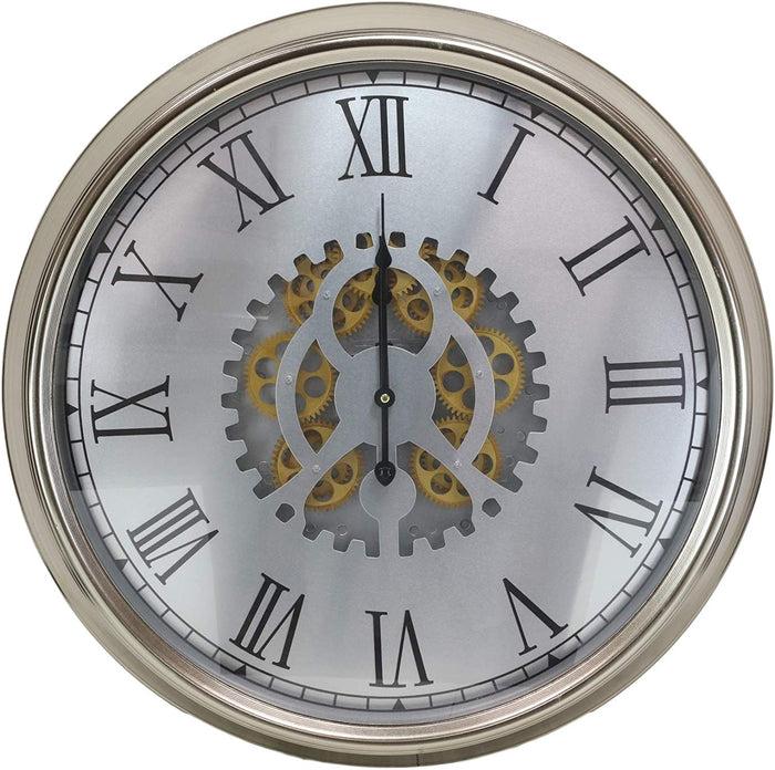 Ebros Large 25" W Contemporary Silver Trim Steampunk Wall Clock With Moving Gear