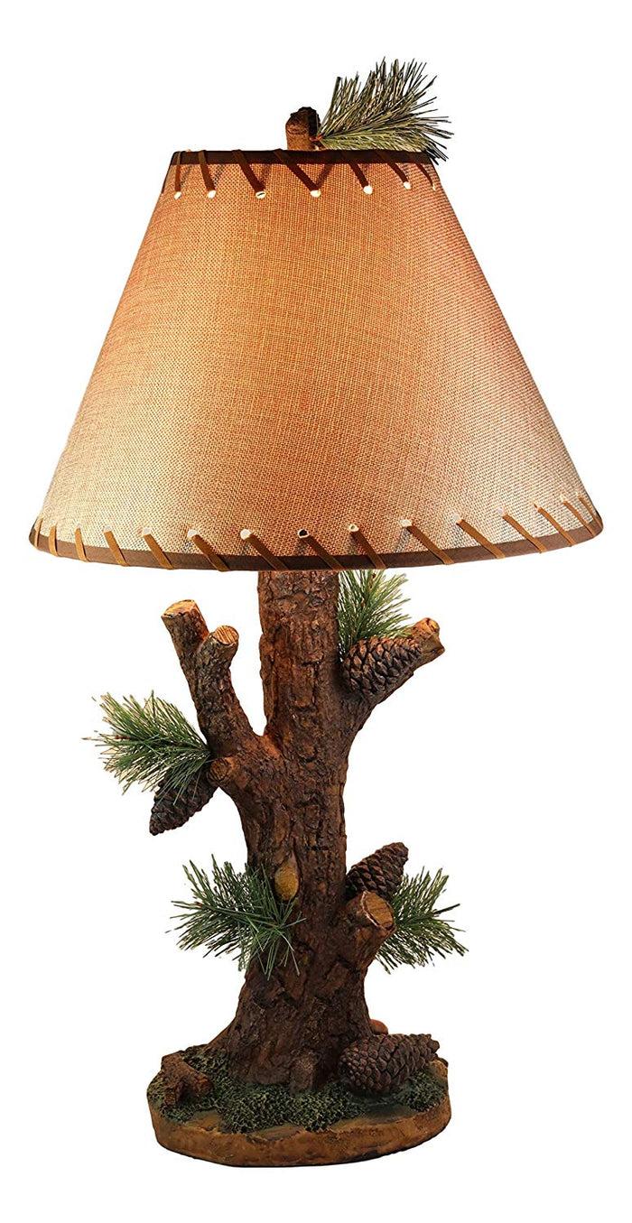 Ebros Large 26.75"H Rustic Cabin Lodge Mountain Vintage Design Decor Pine Tree Needles Pinecones And Bark Textured Side Table Lamp Statue With Shade