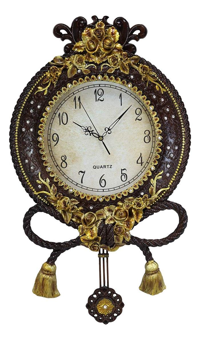 Ebros Large 28" Brown And Gold Leaf High Baroque Renaissance Vintage Antique Design Style Classical Ornate Floral Analog Wall Clock With Swinging Pendulum Home And Office Victorian Decor Quartz Clocks