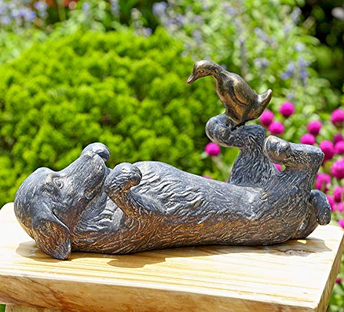 Ebros Large Aluminum Whimsical Puppy Love Dachshund Dog Playing With Duckling Statue 14.5"L