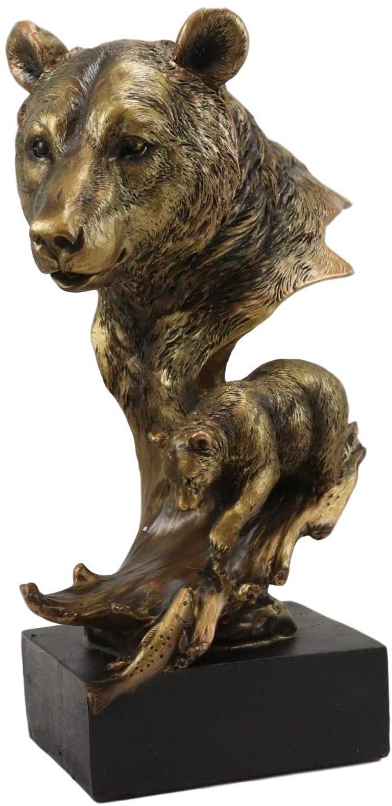 Ebros Large Black Bear Head Bust With Cub Statue On Pedestal Base Figurine 10"H