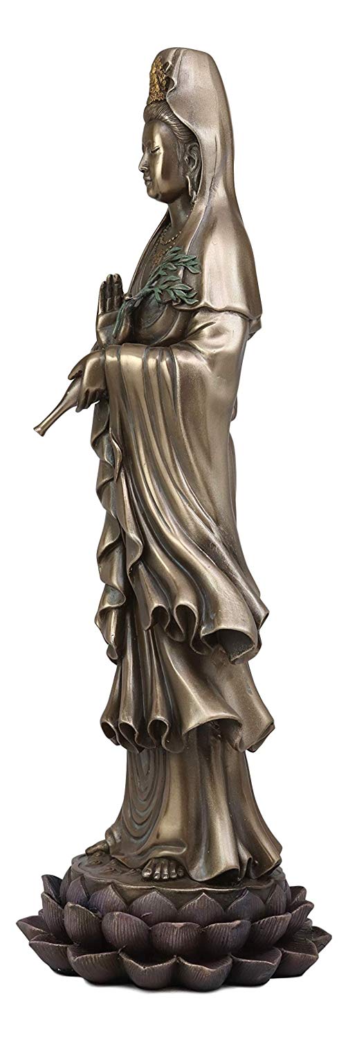 Ebros Large Bodhisattva Kuan Yin In Vitarka Mudra Hand Pose Standing On Lotus Flower Statue 16.25" Tall