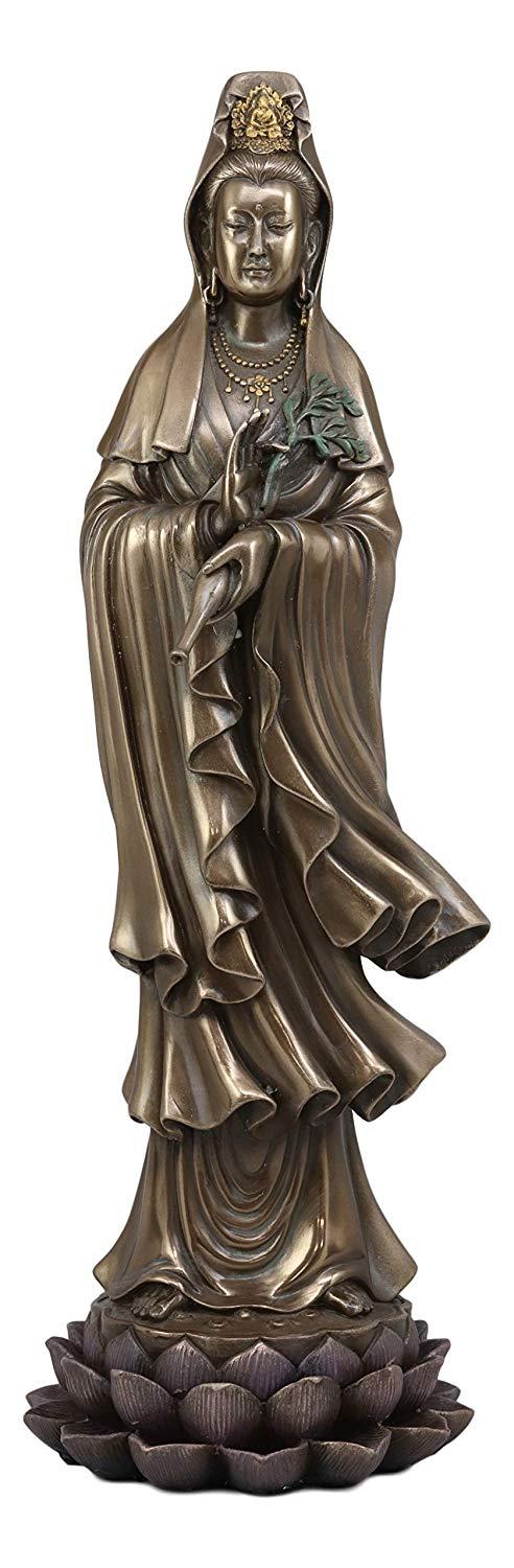 Ebros Large Bodhisattva Kuan Yin In Vitarka Mudra Hand Pose Standing On Lotus Flower Statue 16.25" Tall