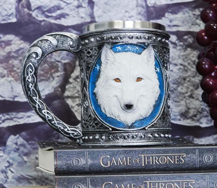 Ebros Large Celtic Direwolf White Snow Wolf Coffee Mug & Wine Goblet Chalice Set