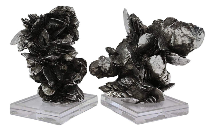 Ebros Large Electroplated Silver Resin Contemporary Desert Rose On Acrylic Glass Bookends Pair Set Of 2 Museum Gallery Decorative Sculptures 7" High Faux Selenite Clusters Figurines