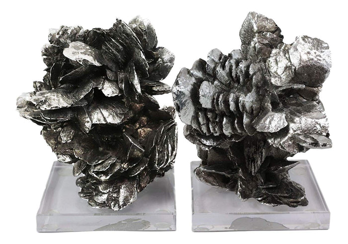 Ebros Large Electroplated Silver Resin Contemporary Desert Rose On Acrylic Glass Bookends Pair Set Of 2 Museum Gallery Decorative Sculptures 7" High Faux Selenite Clusters Figurines