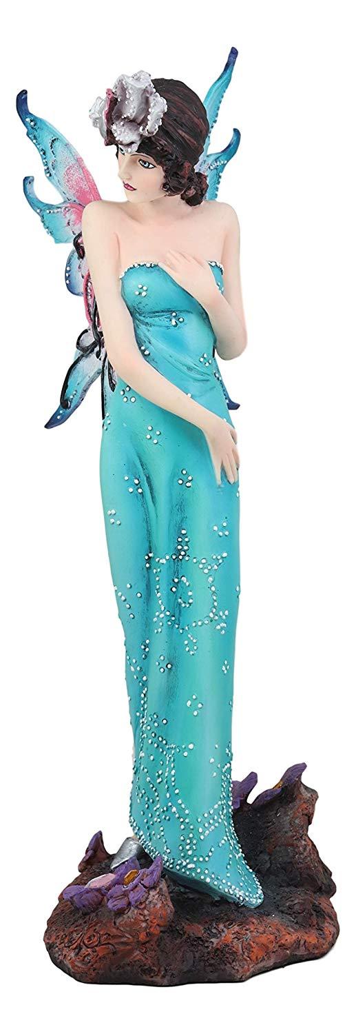 Ebros Large Enchanting Teal Victorian Fairy With Fuchsia Wings Statue 15" H Mythical Fantasy FAE Pixie Nymph Mystical Angel Fairies Magical Art Nouveau Decor Sculpture Figurine