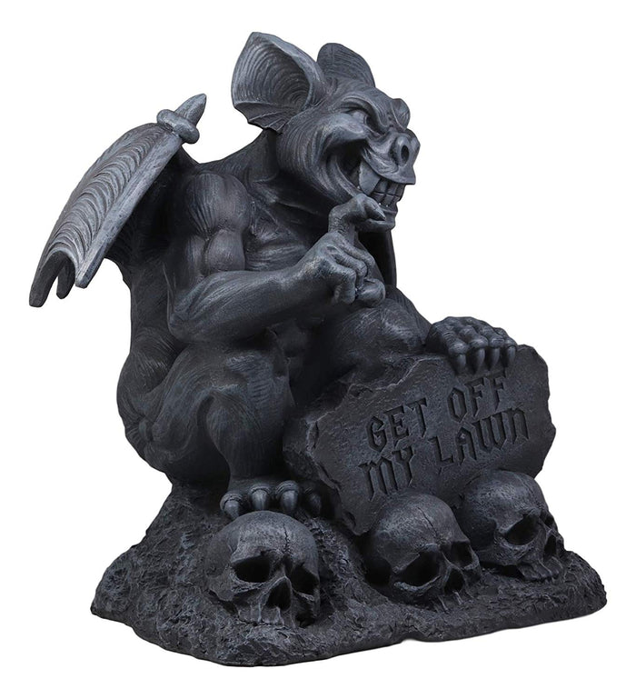 Ebros Large Gargoyle By Skull Graveyard Statue With Get Off My Lawn Sign 15"H Sculpture