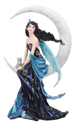 Ebros Large Indigo Moon Celestial Witching Hour Fairy With Kitten Cat Statue 11.75"H