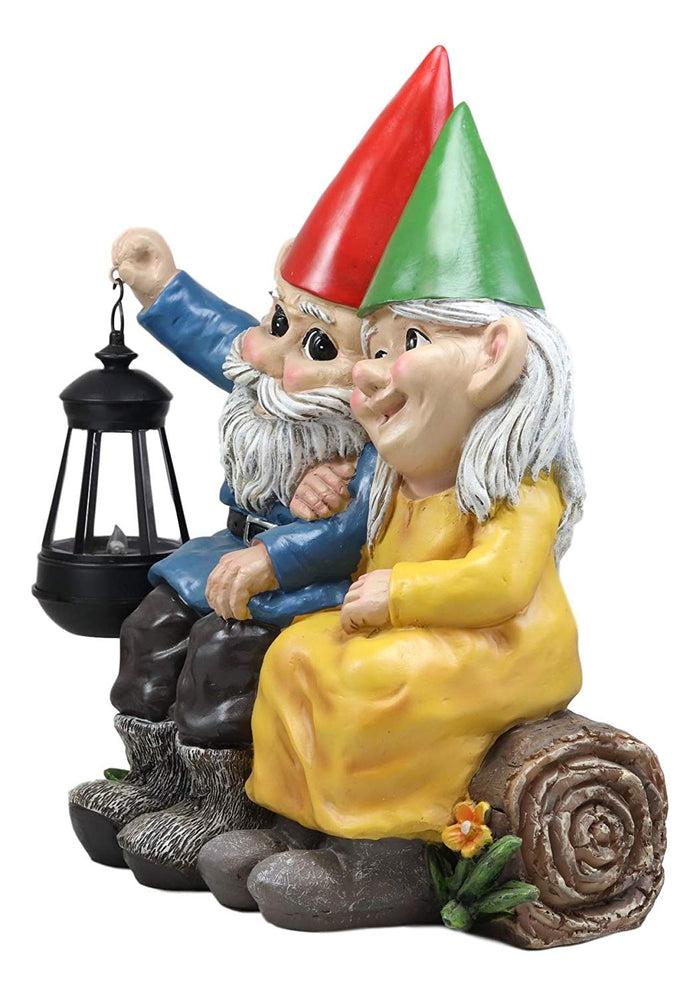 Ebros Large Mr And Mrs Gnome On Tree Log Solar LED Lantern Light Statue 13.5"H