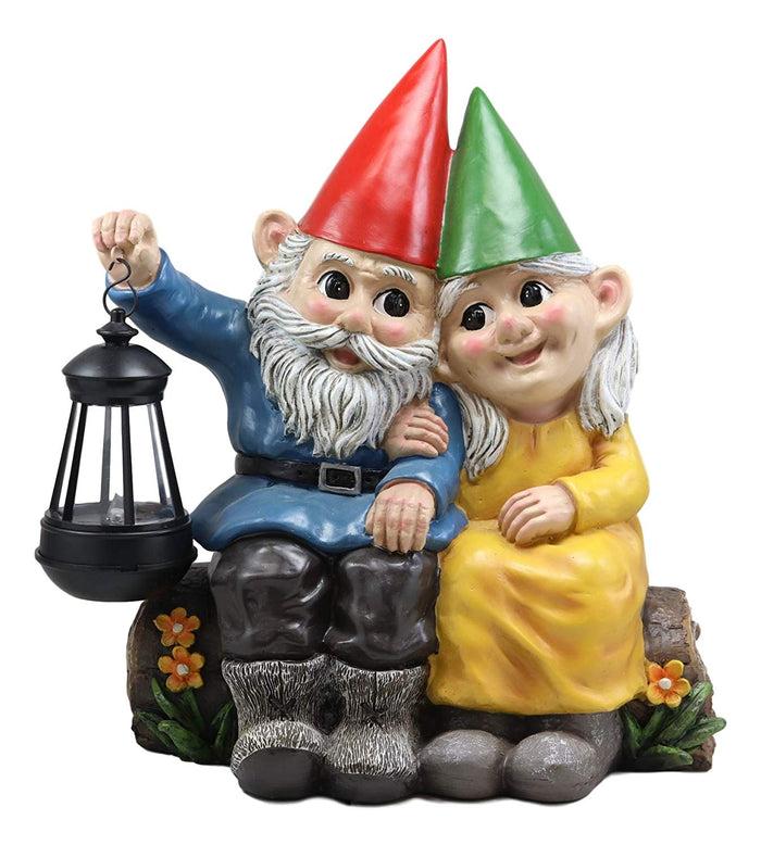 Ebros Large Mr And Mrs Gnome On Tree Log Solar LED Lantern Light Statue 13.5"H