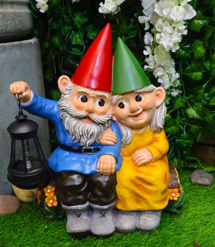 Ebros Large Mr And Mrs Gnome On Tree Log Solar LED Lantern Light Statue 13.5"H