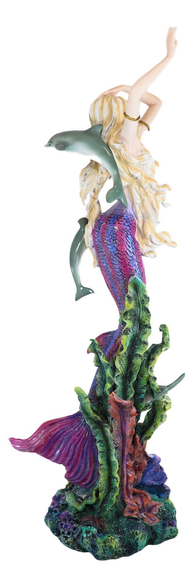 Ebros Large Nouveau Nautical Iris Tail Mermaid Swimming W/ Dolphins Statue 27"H
