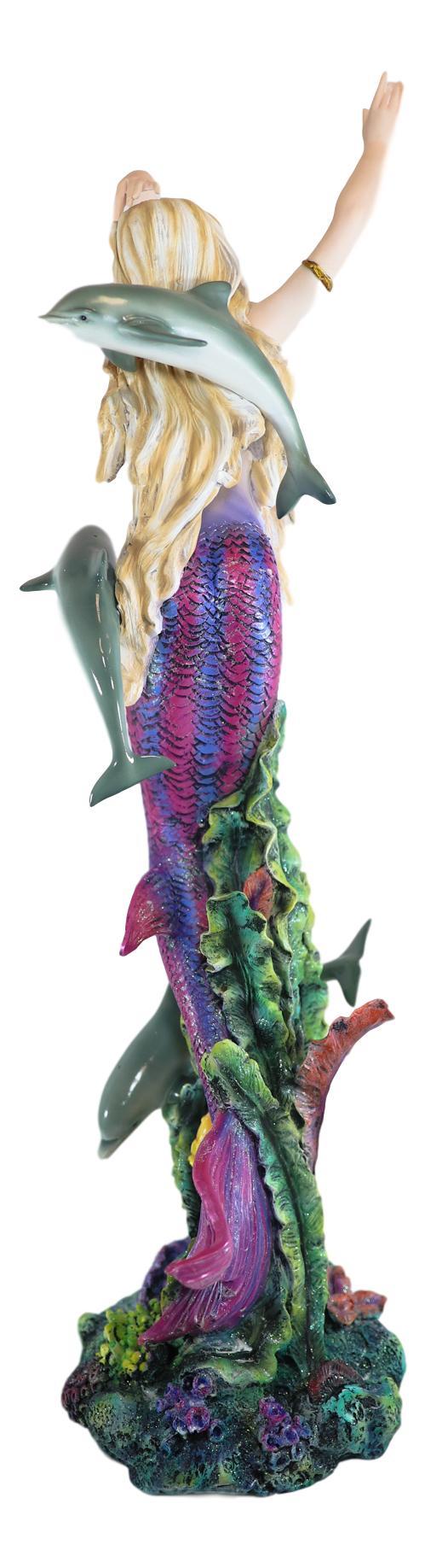 Ebros Large Nouveau Nautical Iris Tail Mermaid Swimming W/ Dolphins Statue 27"H