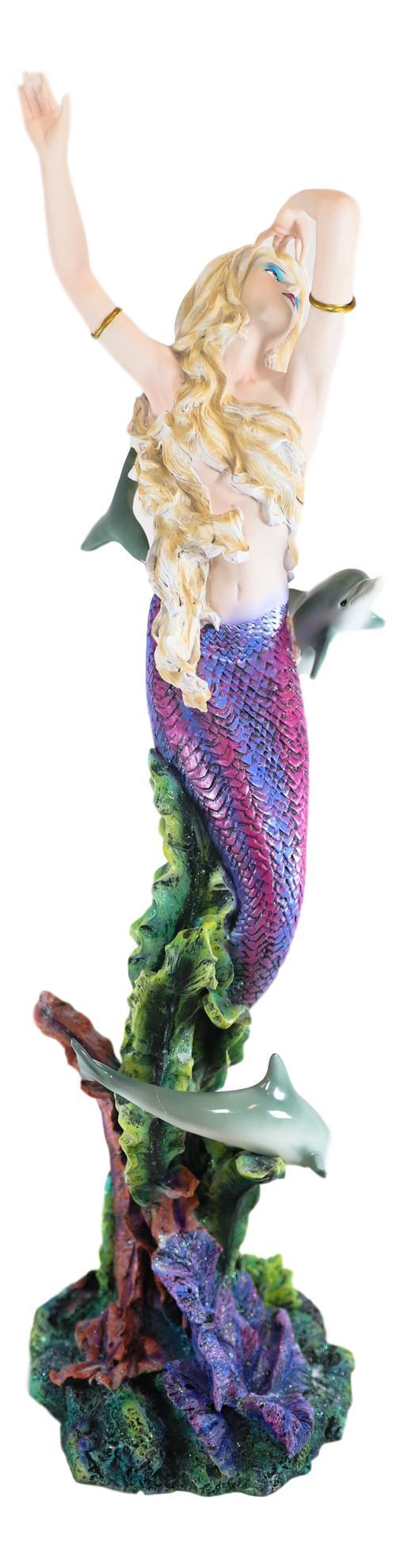Ebros Large Nouveau Nautical Iris Tail Mermaid Swimming W/ Dolphins Statue 27"H