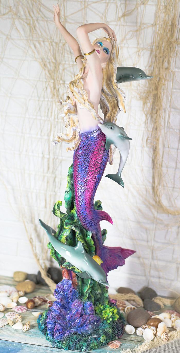 Ebros Large Nouveau Nautical Iris Tail Mermaid Swimming W/ Dolphins Statue 27"H