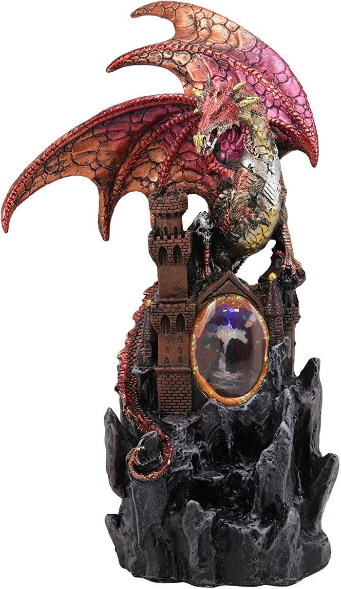 Ebros Large Red Fire Dragon On Rocky Castle Statue With Wizard LED Light Glass Ball