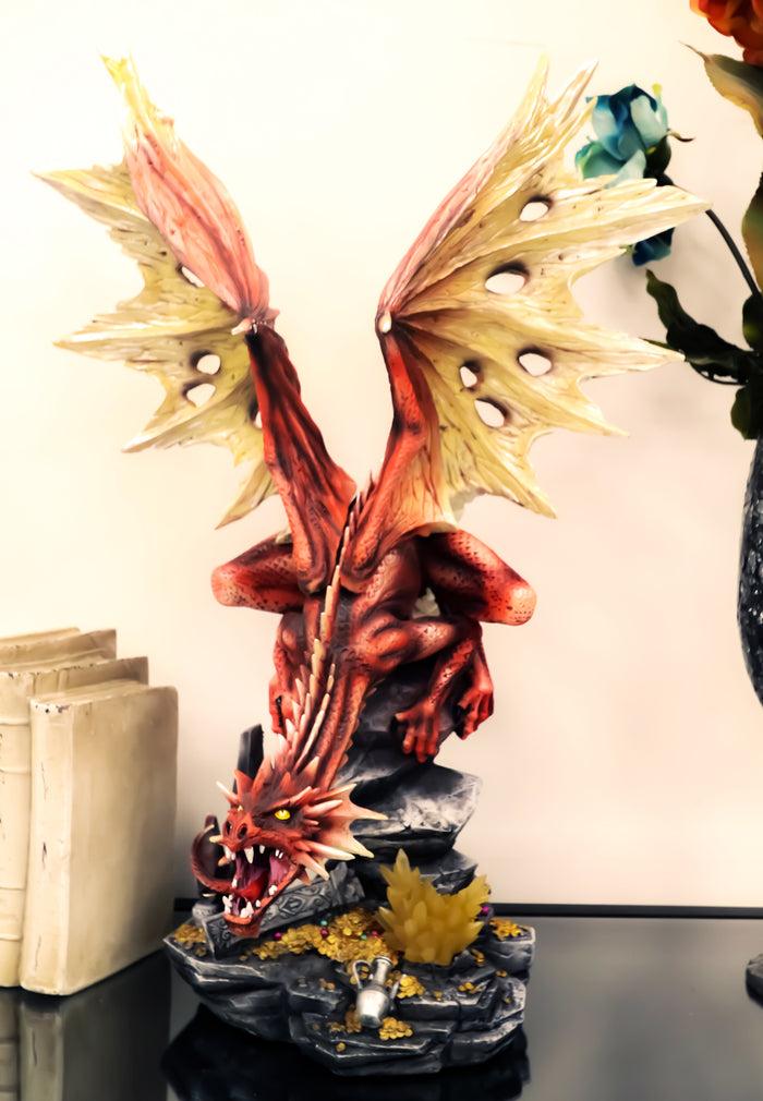 Ebros Large Red Volcano Dragon Crouching On Crystal Cavern Ruins With LED Light