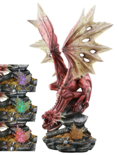 Ebros Large Red Volcano Dragon Crouching On Crystal Cavern Ruins With LED Light