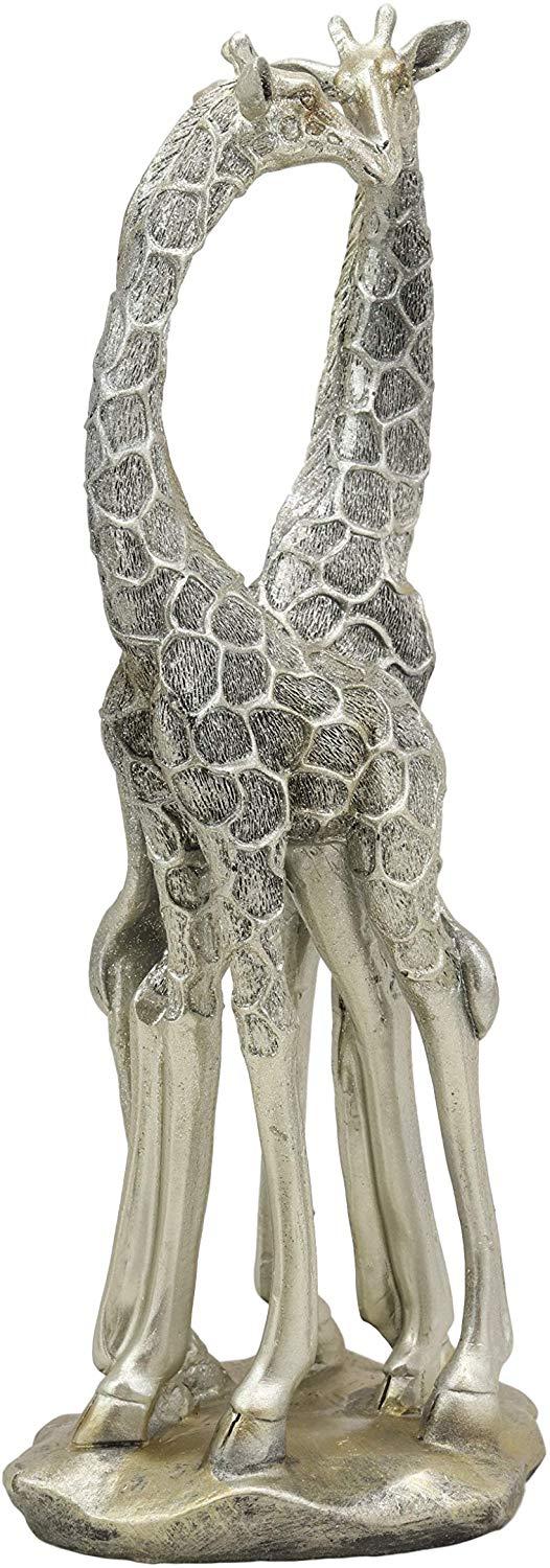 Ebros Large Silver Giraffe Lovers Couple Statue 12.5" Tall Safari Savannah Standing Giraffe Husband And Wife With Heart Shaped Neck Figurine Decor For Valentine's Day Anniversary Birthday Gift