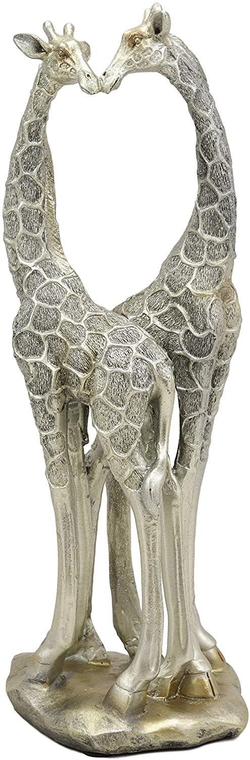 Ebros Large Silver Giraffe Lovers Couple Statue 12.5" Tall Safari Savannah Standing Giraffe Husband And Wife With Heart Shaped Neck Figurine Decor For Valentine's Day Anniversary Birthday Gift
