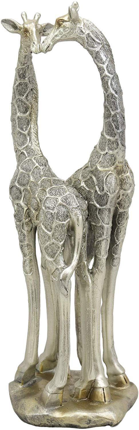 Ebros Large Silver Giraffe Lovers Couple Statue 12.5" Tall Safari Savannah Standing Giraffe Husband And Wife With Heart Shaped Neck Figurine Decor For Valentine's Day Anniversary Birthday Gift