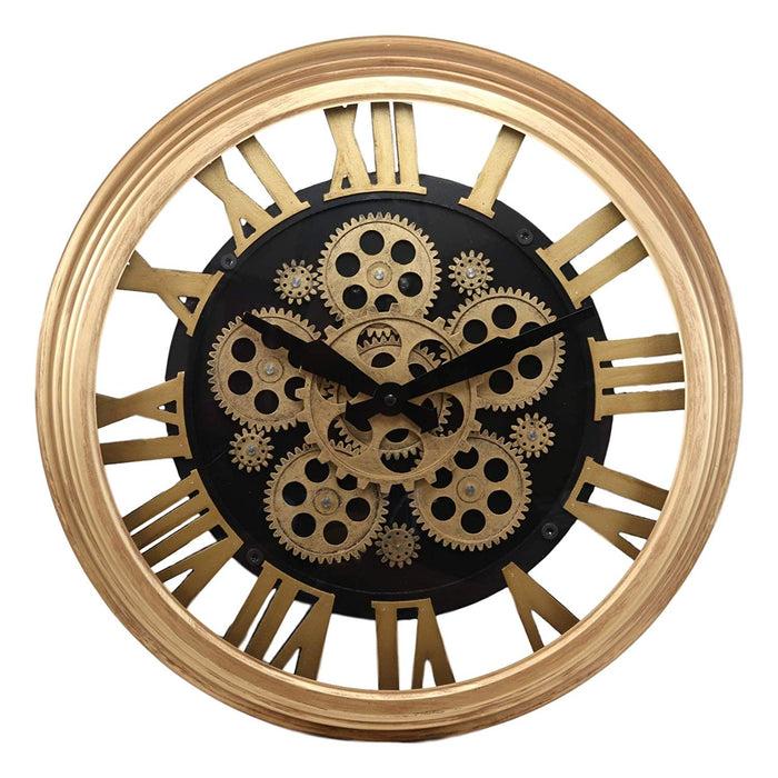Ebros Large Steampunk Mechanical Moving Gears European Classic Round Style Gold And Black Wall Clock 18"D Victorian Industrial Accent Fantasy Metal Clockwork Gearwork Clocks (Standard Roman Numerals)