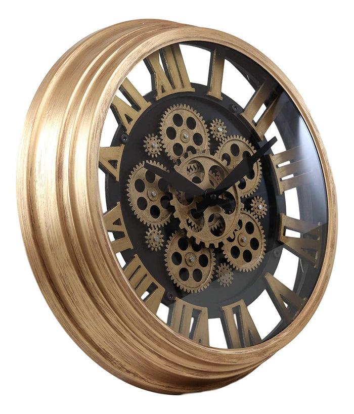 Ebros Large Steampunk Mechanical Moving Gears European Classic Round Style Gold And Black Wall Clock 18"D Victorian Industrial Accent Fantasy Metal Clockwork Gearwork Clocks (Standard Roman Numerals)