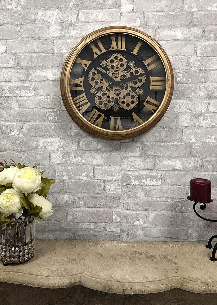 Ebros Large Steampunk Mechanical Moving Gears European Classic Round Style Gold And Black Wall Clock 18"D Victorian Industrial Accent Fantasy Metal Clockwork Gearwork Clocks (Standard Roman Numerals)