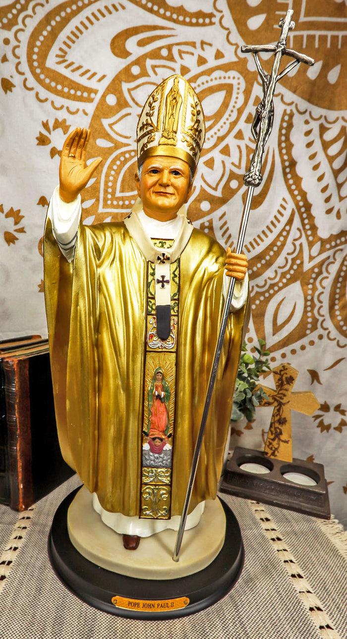Ebros Large Venerable Pope John Paul II With Papal Ferula Crucifix In Gold Robe Statue 16.75" Tall Vatican Holy Pontiff Saint As Catholic Devout Resin Decor Figurine Brass Name Plate Base