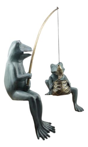 Ebros Large Verdi Green Aluminum Mama Frog And Baby Frog Fishing Garden Statue Bonding Time Whimsical Frog Themed Pond Patio Poolside Decorative Edge Sitter Sculpture Figurine