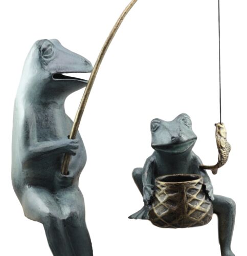 Ebros Large Verdi Green Aluminum Mama Frog And Baby Frog Fishing Garden Statue Bonding Time Whimsical Frog Themed Pond Patio Poolside Decorative Edge Sitter Sculpture Figurine